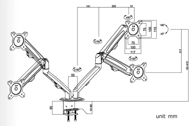 New G08-24 Dual Monitor Desktop Mount Bracket for 13 to 27-Inch LCD Screens Rotate & Tilt Adjust Two-Arm Desk Stand Support 3