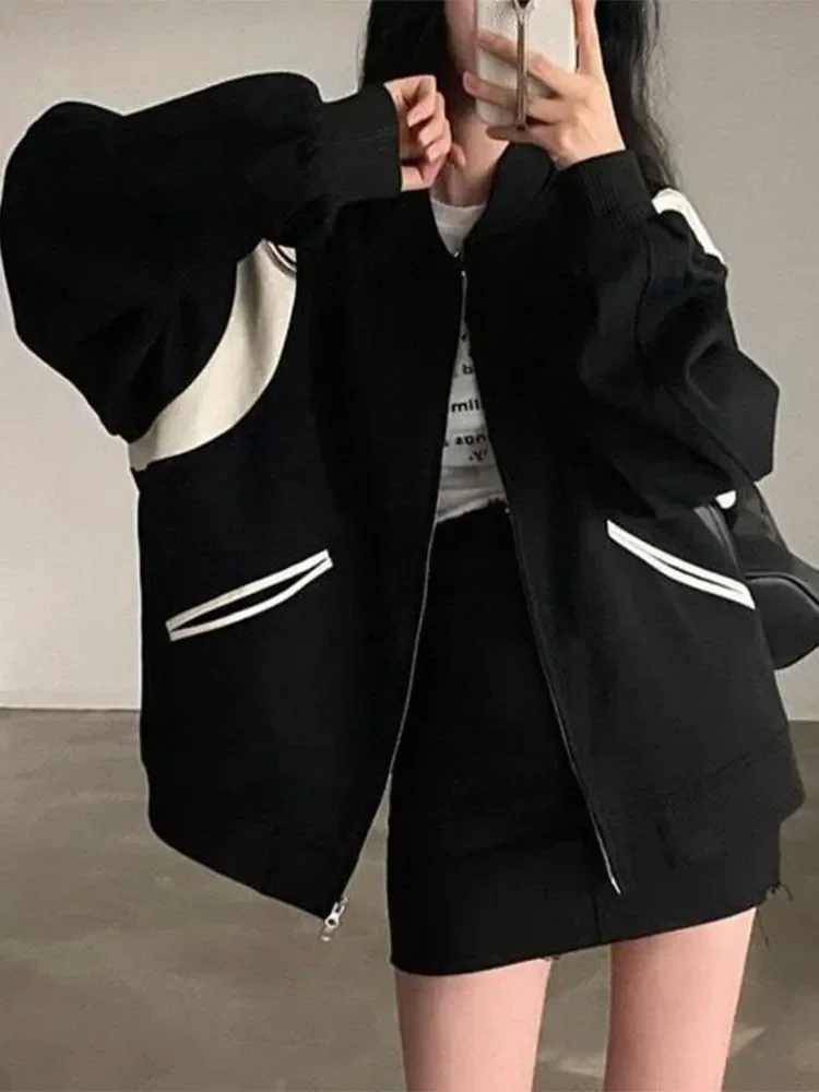 

Женская винтажная бейсбольная куртка на молнии, черная куртка-бомбер в стиле пэчворк, женская модная Осенняя Повседневная Свободная ветровка в Корейском стиле