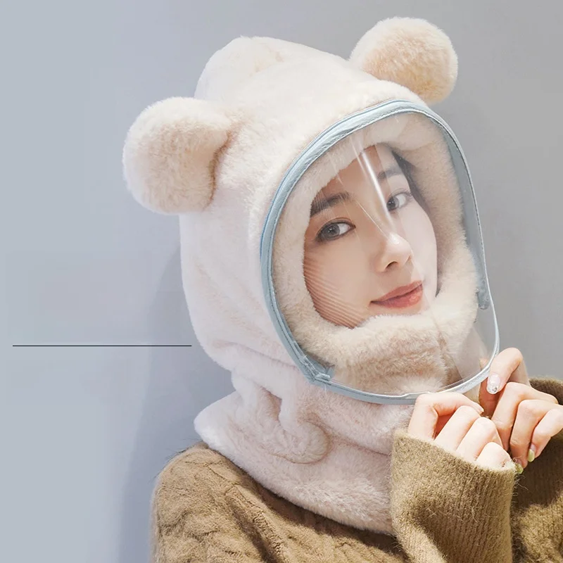 Ветрозащитная шапка с маской женская зимняя толстая теплая рукавами и ушками для