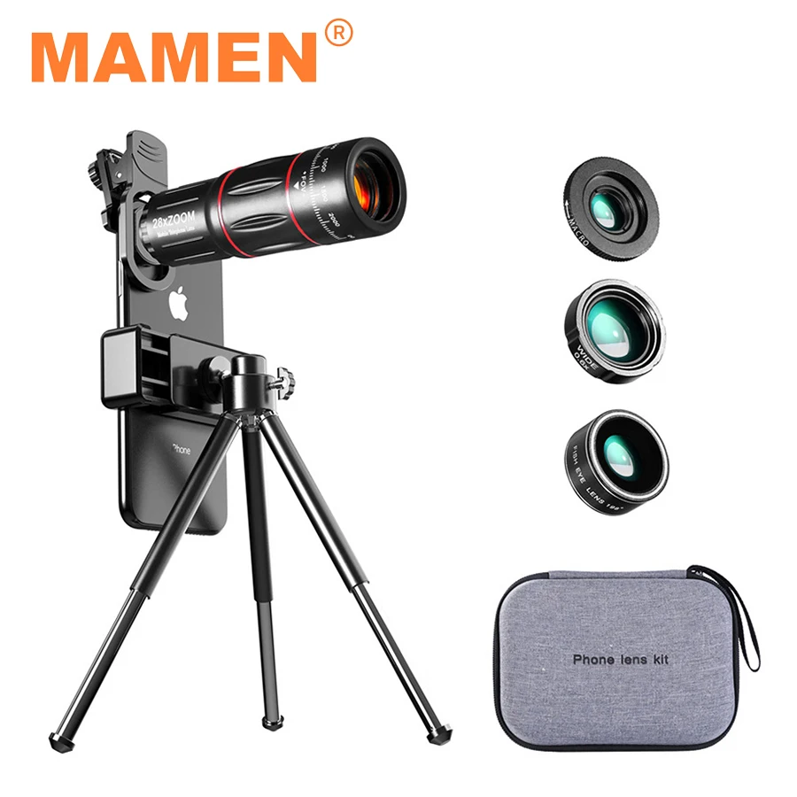 

Штатив для телефона MAMEN 4-в-1 с телеобъективом 28X + широкоугольный объектив 0,6x + Макросъемка 20X + рыбий глаз для iPhone смартфонов Android универсальны...