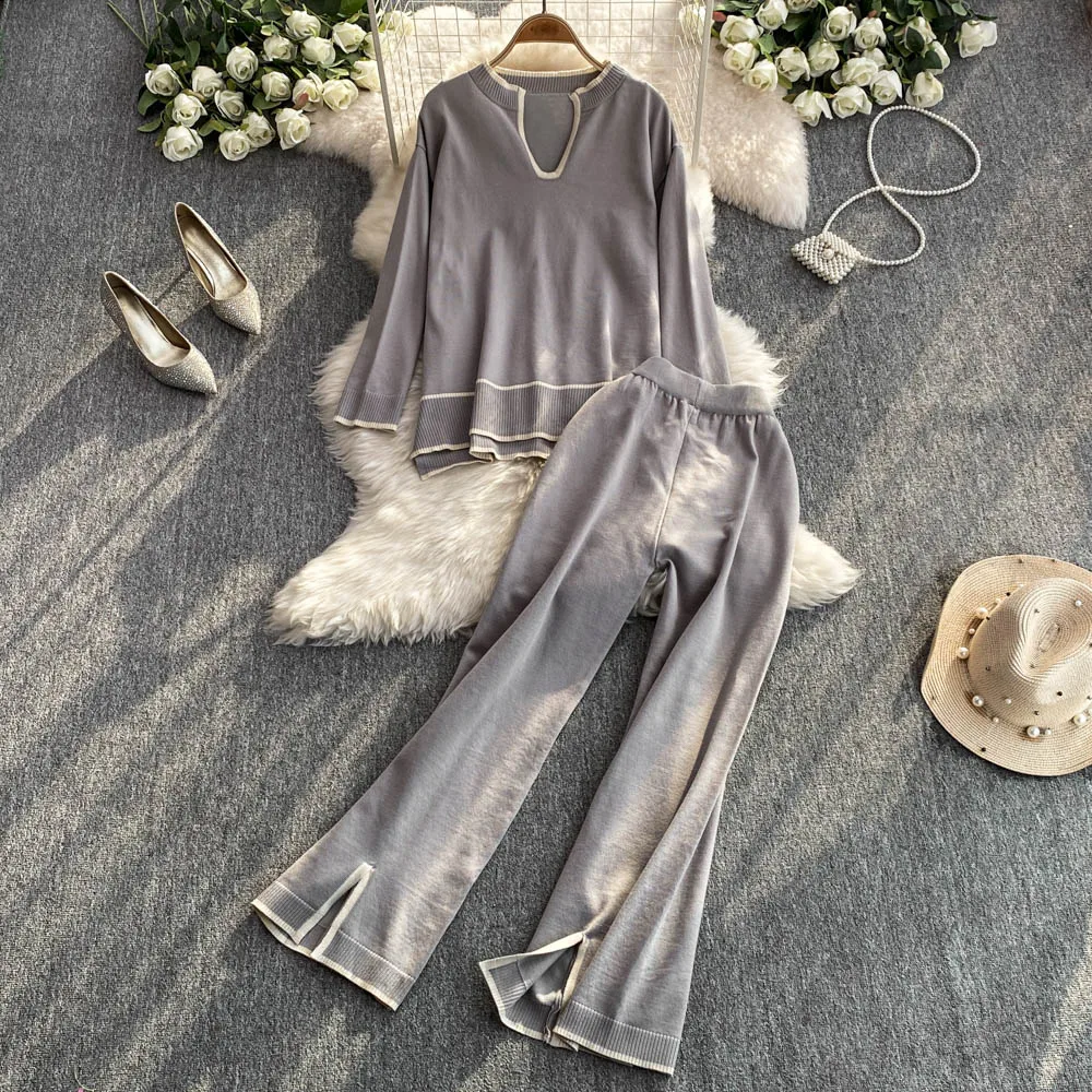 Женский корейский трикотаж нестандартной формы свитер + широкие брюки с разрезом