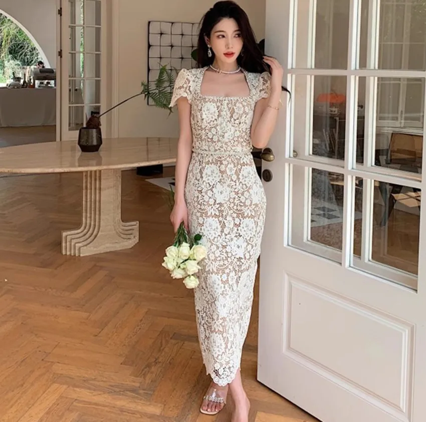 

Runway Luxury Summer Embroidery Flower Lace Long Dress Women Square Collar Diamonds Hollow Out Bodycon Split Slim Belt Dresses