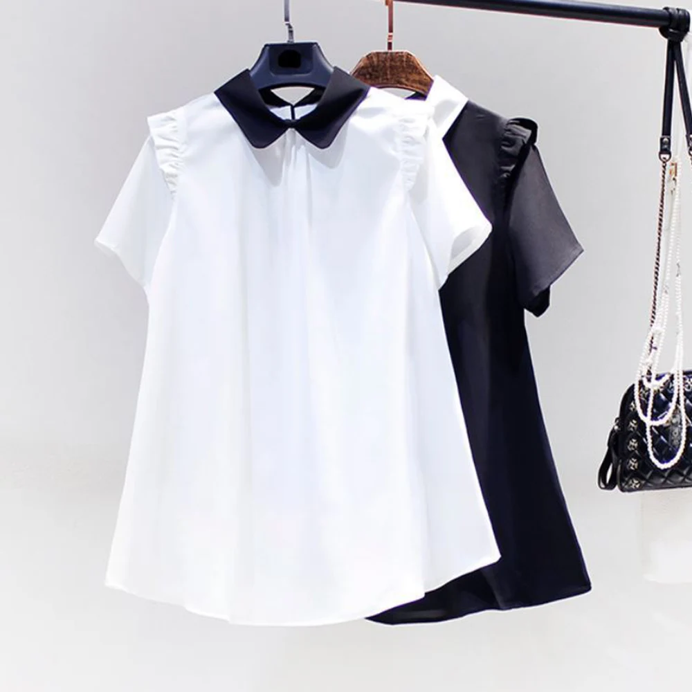 

Pleated Plain Standard Women's Blouse Korean Shirt Women's 2022 Summer New Tone Collar Short Sleeve Shoulder Frill Retro Top
