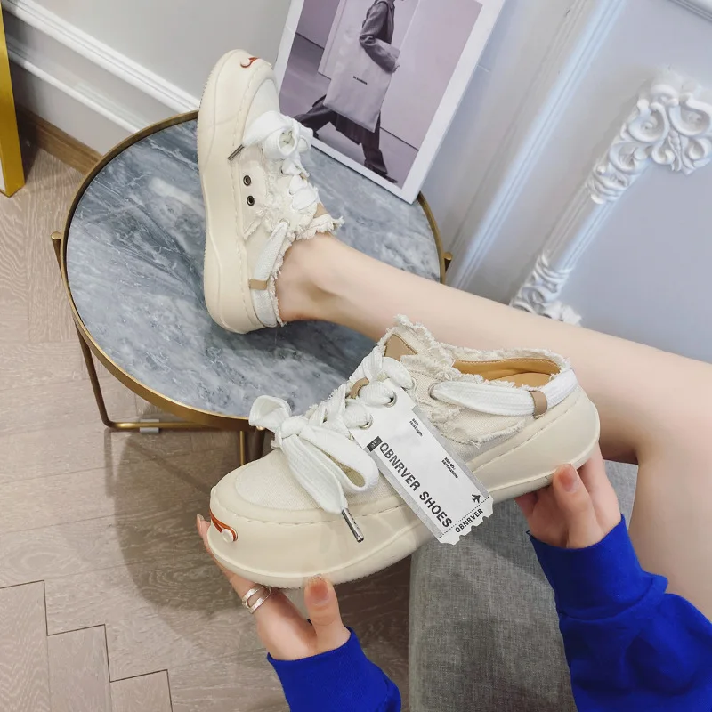 

Женские холщовые туфли, открытый улыбка, звезда, тапки, повседневные, на толстой подошве, полутапочки, Летний сезон