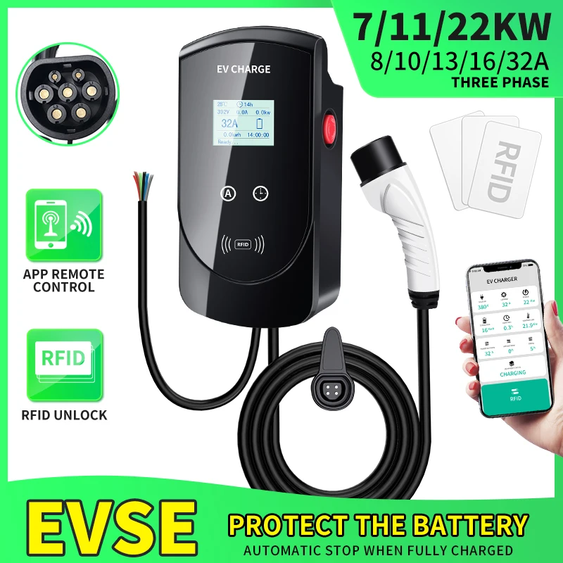 

EVSE Wallbox EV Car Charger Electric Vehicle Charging Station 7KW 11KW 22KW APP Control with Type 2 Type1 Cable 32A 1 3 Phase