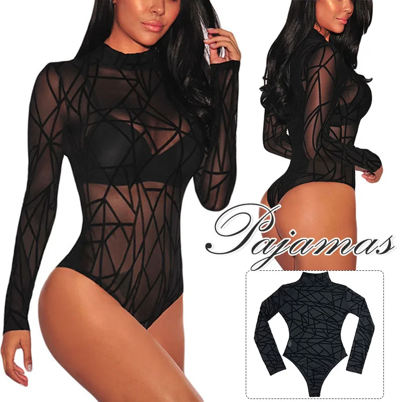 

Женский комбинезон с длинным рукавом, сетчатый комбинезон с геометрическим рисунком, длинным рукавом и ложным воротником