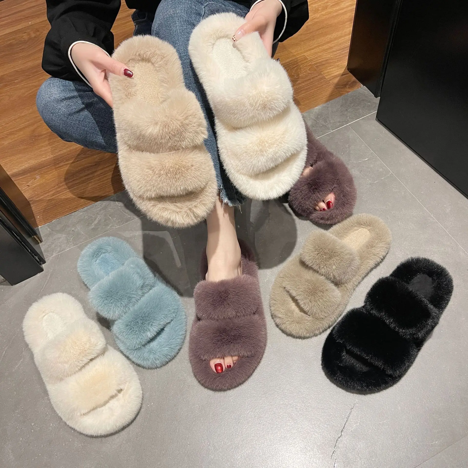Fashionable Woolen Slippers women wear 2022 new Korean version of thick-soled shoes autumn and winter household cotton slippers