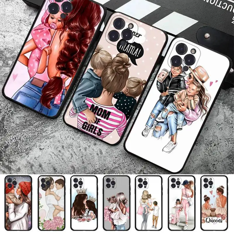 

TOPLBPCS Black Brown Hair Baby Mom Girl Son For iPhone 14 11 12 13 Mini Pro XS Max Cover 6 7 8 Plus X XR SE 2020 Funda Shell