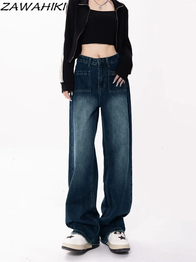 

Джинсы Женские однотонные в стиле ретро, прямые свободные брюки из денима в минималистичном стиле, с широкими штанинами и высокой талией, уличная одежда, весна-осень