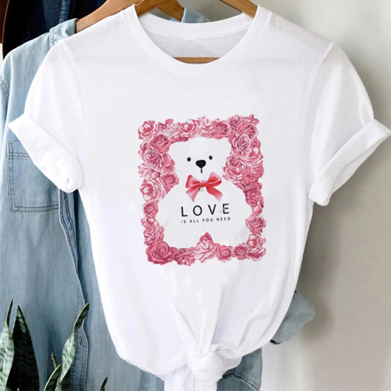 

Kawaii T-Shirt Top Women'S Fashion Casual Trend 90s Women'S Summer Cartoon Bear Pattern T-Shirt Printed Round Neck T-Shirt.