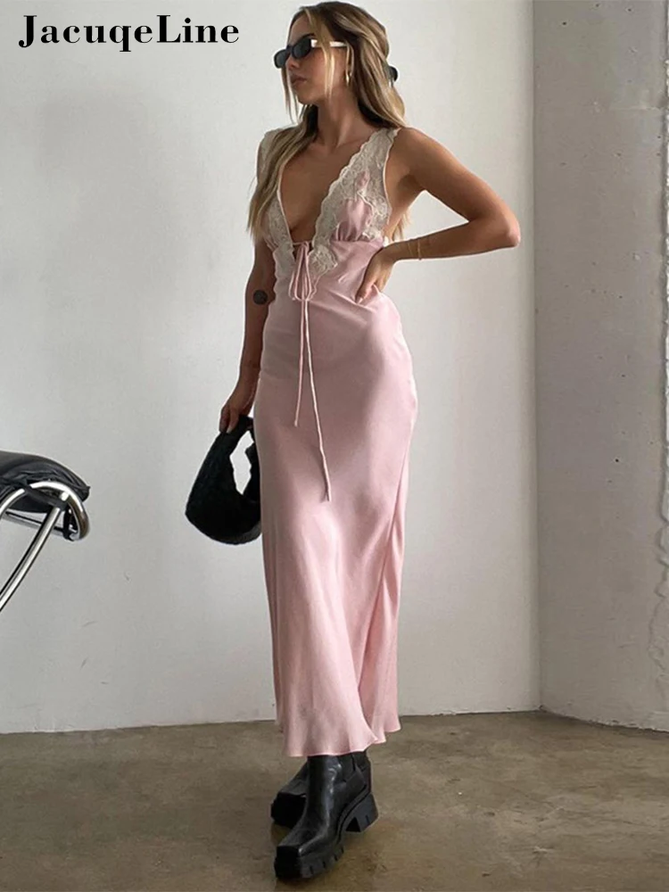 

Jacqueline Summer 2022 Elegant Lace Women Satin Dress Maxi Sexy V Neck Backless Sleeveless Lace Up Bodycon Dresses Party Club