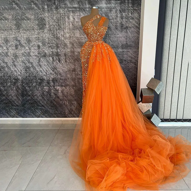 

Sparkle Sequined Mermaid Prom Dresses Beaded One Shoulder Orange Evening Birthday Party Gown Abendkleider Robes De Soirée