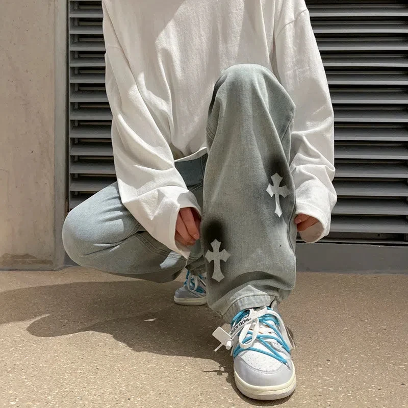Men Streetwear Fashion Baggy Trousers Cross Hiphop Mens Loose Jeans Pants Men Jeansd Boyfriend Jeans Denim Jeans Wide Leg Jeans