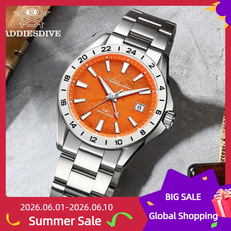 Фото Часы ADDIESDIVE Swiss Ronda 515-24H GMT с сапфировым стеклом, водонепроницаемые до 20 бар, суперсветящиеся, из нержавеющей стали, мужские кварцевые часы, НОВИНКА №1