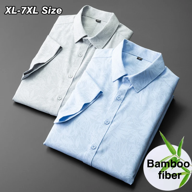 

Luxury Shirt Plus Size Men's Summer Short Sleeve Bamboo Fiber Loose Fashion Print Business Casual Dress Brand Clothing 6XL 7XL