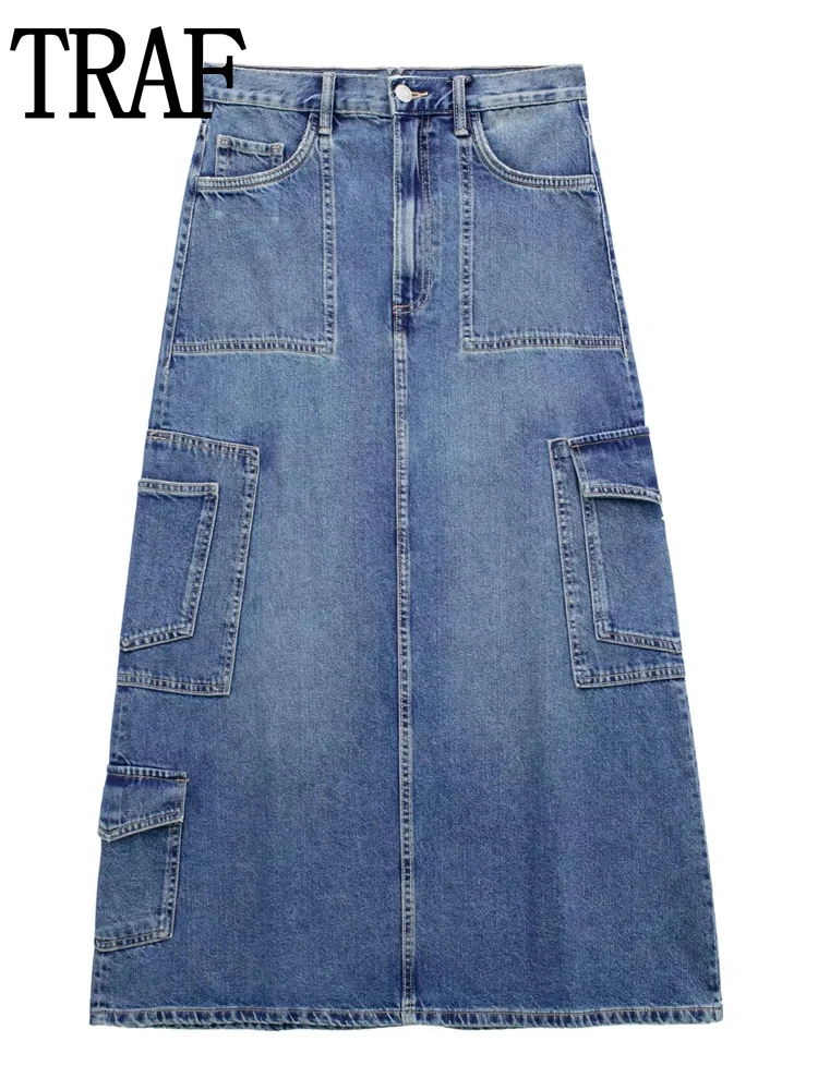 

TRAF Blue Long Skirts For Women Fashion 2023 High Waist Denim Skirt Women Y2k Skirts Streetwear Spring Midi Jean Skirts Woman