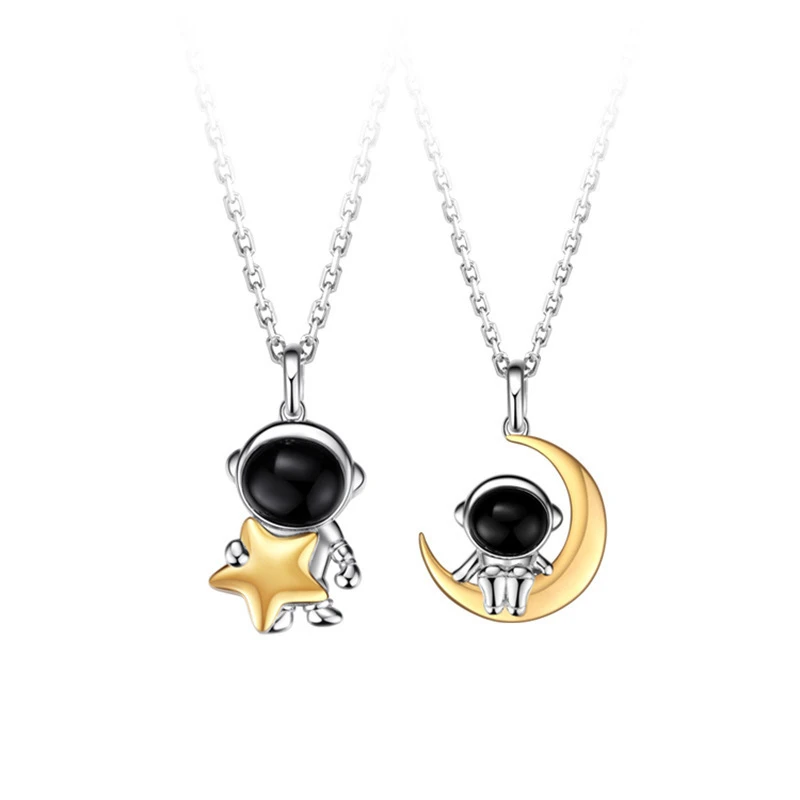

New Stamp 925 Silver Color Astronaut Couple Necklace Star And Moon Pendant Necklaces For Women Men Anniversary Jewelry Gifts