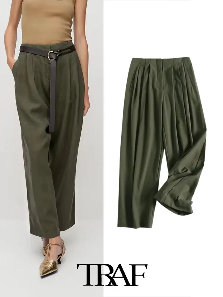 

TRAF Women Pants 2022 New Fashion Office Loose Cotton Straight-leg Casual Trousers Female Trousers Mujer