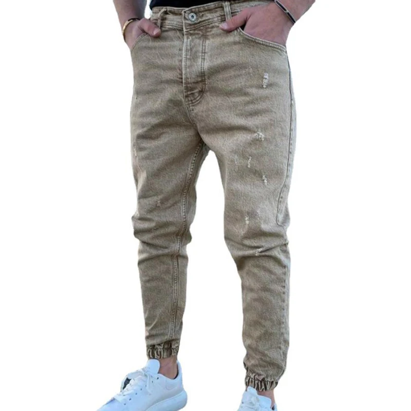 Men's Jeans Ripped Scratched Casual Trend Colored Slim Denim Bungee Pants for Men High Streetwear Trousers Man's Clothing