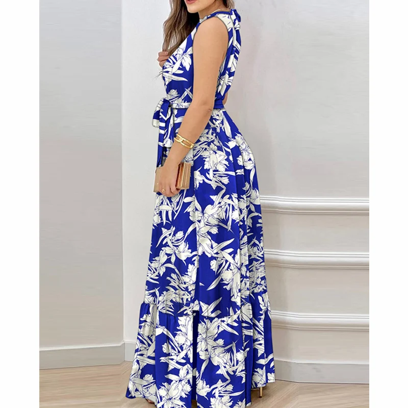 

Women Bohemian Vacation Loose Long Dress Women Elegant Fashion Plants Print Sleeveless Lace Up High Waist Corset Maxi Dress