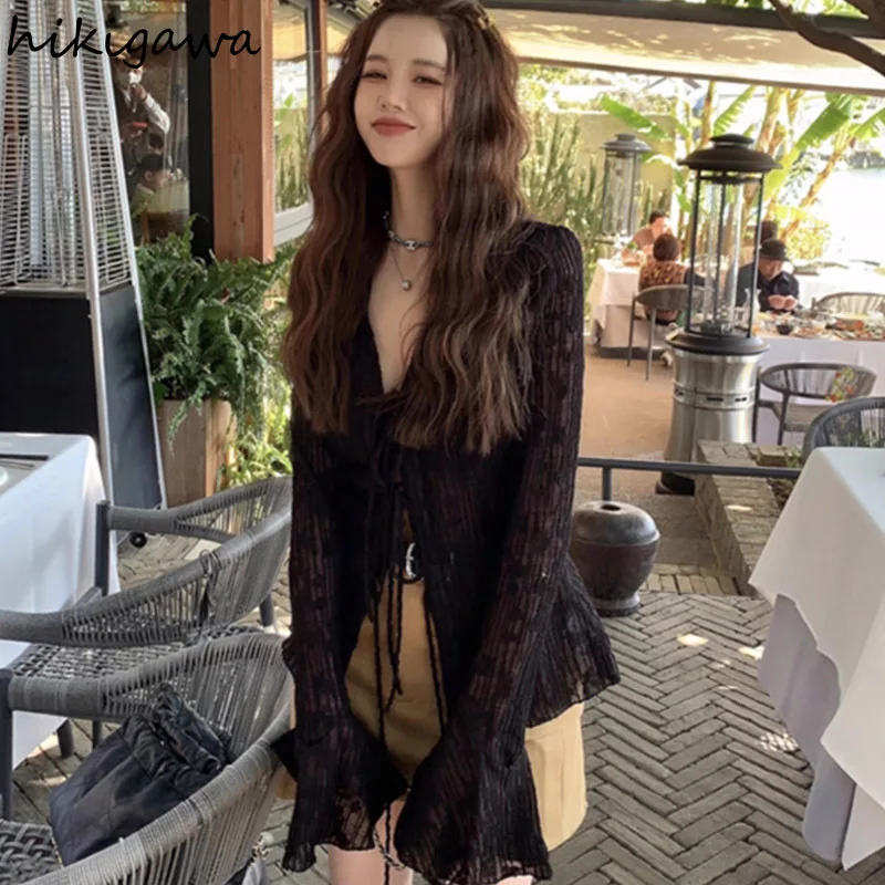 Женские прозрачные блузки с расклешенным рукавом бандажная туника рубашки