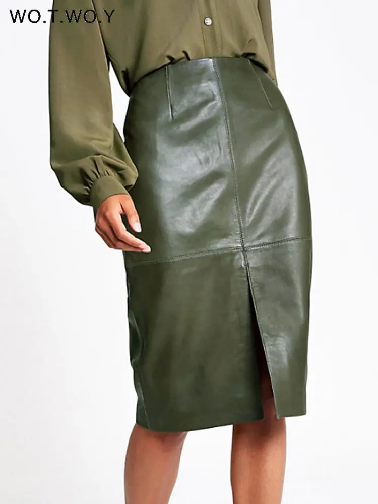 

Женская юбка-карандаш с высокой талией WOTWOY, облегающая юбка средней длины из искусственной кожи с разрезом спереди, офисная юбка миди на мол...