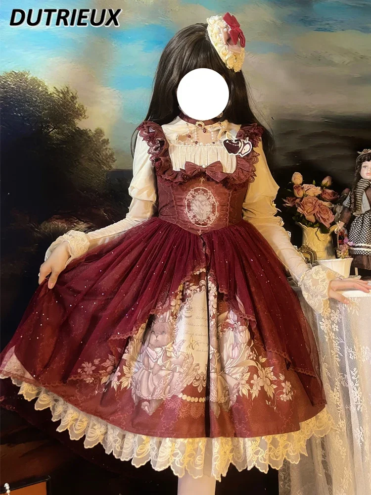 Осеннее оригинальное милое девчачье кружевное платье-жилет принцессы Лолиты с