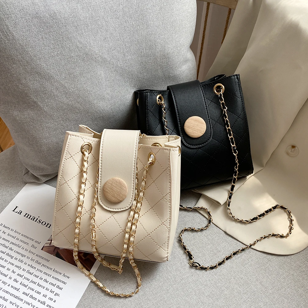 

Fashion Women Solid Color PU Shoulder Handbag Chain Bucket Travel Crossbody Bag Popular Simple Female Daily Bag