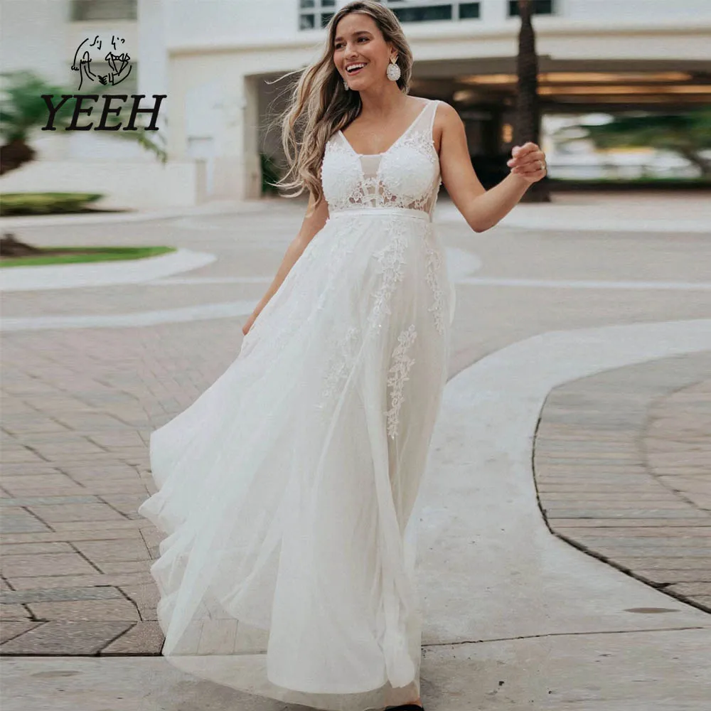 

YEEH Elegant Sleeveless Lace Maternity Wedding Dresses Chiffon Backless Bridal Gowns A-Line Floral Sweep Train Vestido De Novia