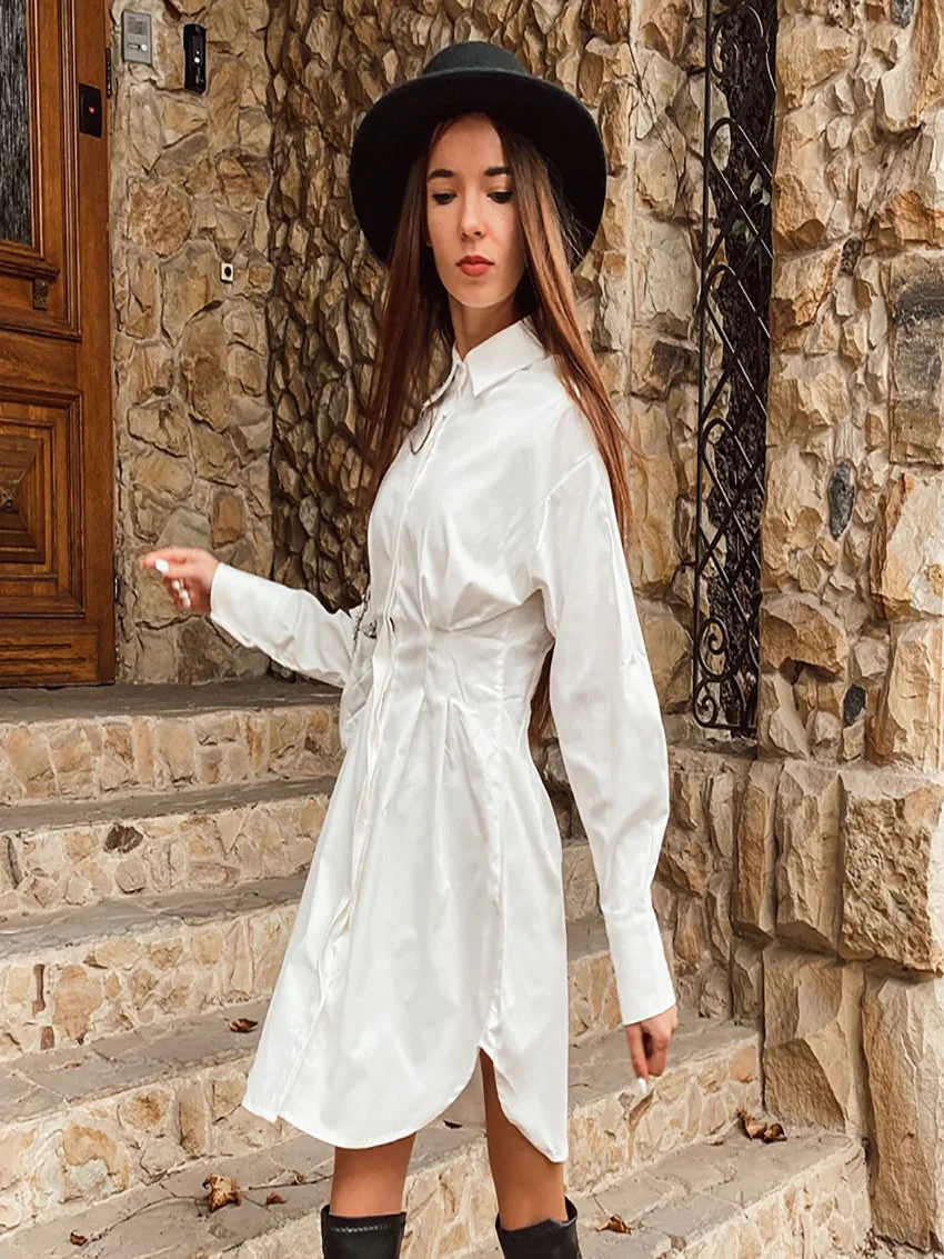 

Sen Lan Yi Ya Summer Dress Woman 2023 Trendy Commute Solid Shirt Skirt Long Sleeved High Waisted Single-Breasted A-Line Skirt