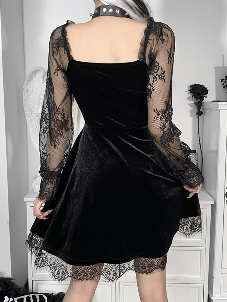 

Черные гранж готические сексуальные платья для женщин кружевное с длинным рукавом элегантное лоскутное бархатное винтажное темное платье 2022 вечерняя Клубная одежда