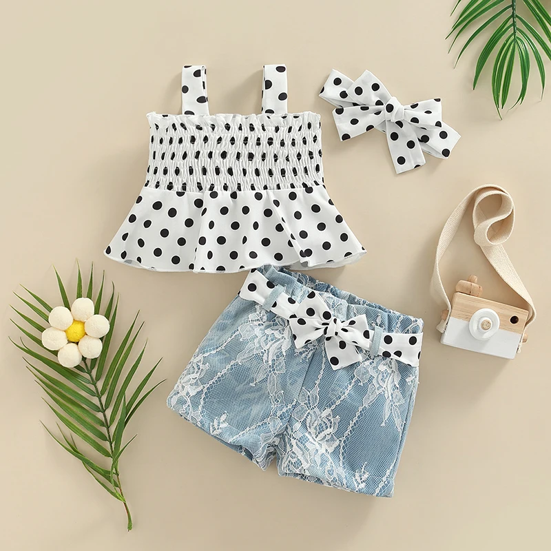 

Summer Infant Baby Girls Four-piece Suit White Dots Print Camisole Denim Shorts Waistband Headdress Baby's Sets