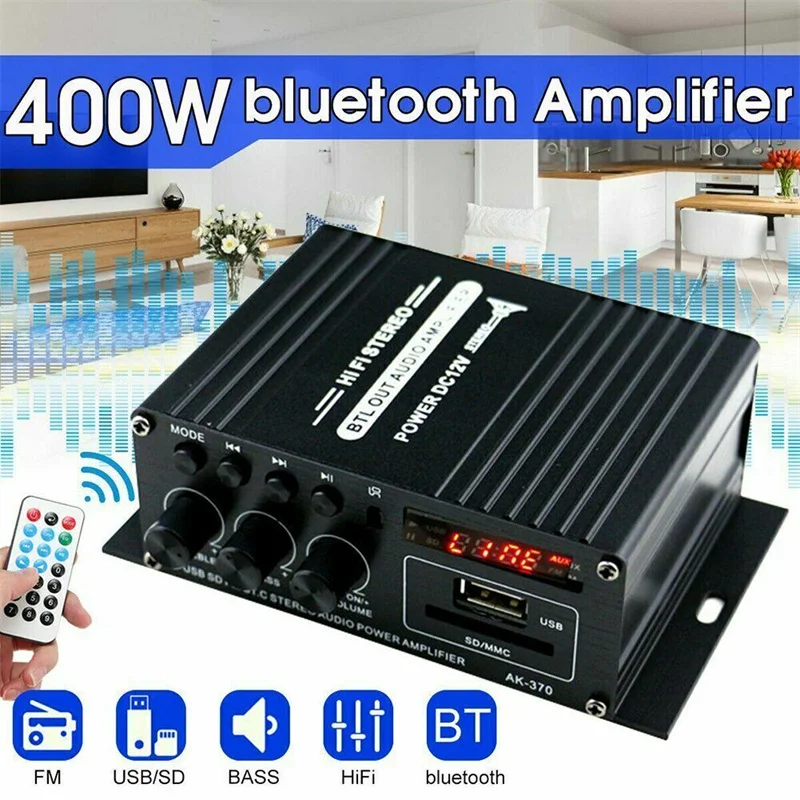 

12V 400W Bluetooth HiFi Power Amplifier Mini Audio Digital Stereo FM AMP Remote