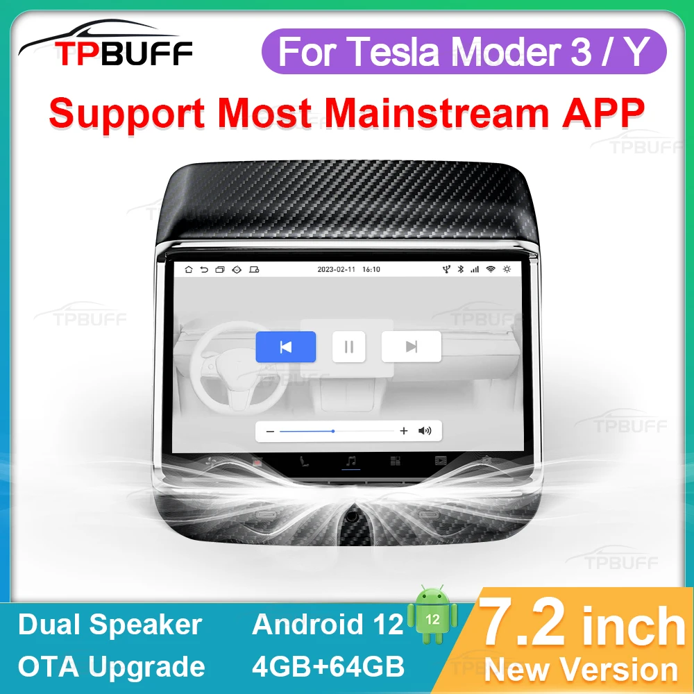 

TPBUFF 7.2inch Rear Display for Tesla Model Y 3 Air Conditioning Control Panel Screen Entertainment Player Carbon Fibre New 2023