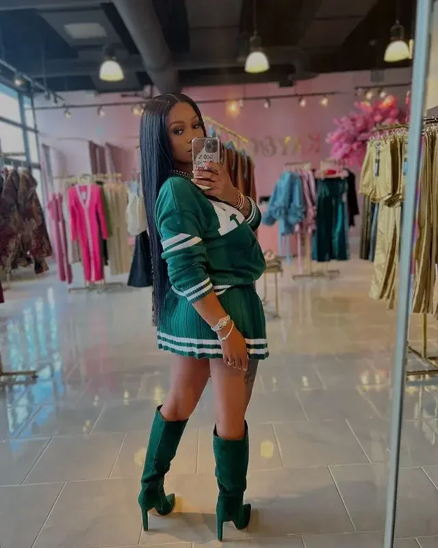 Fashion Women's Set Long Sleeve Knitted Letter Sweater and Pleated Skirts Autumn Winter Street Two 2 Piece Outfits