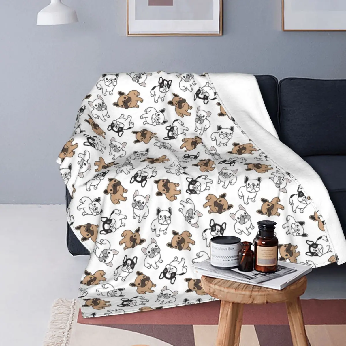 

Mantas de perro Bulldog francés, decoración de vellón, Animal bonito, transpirable, Ultra suave, edredón para sofá de casa