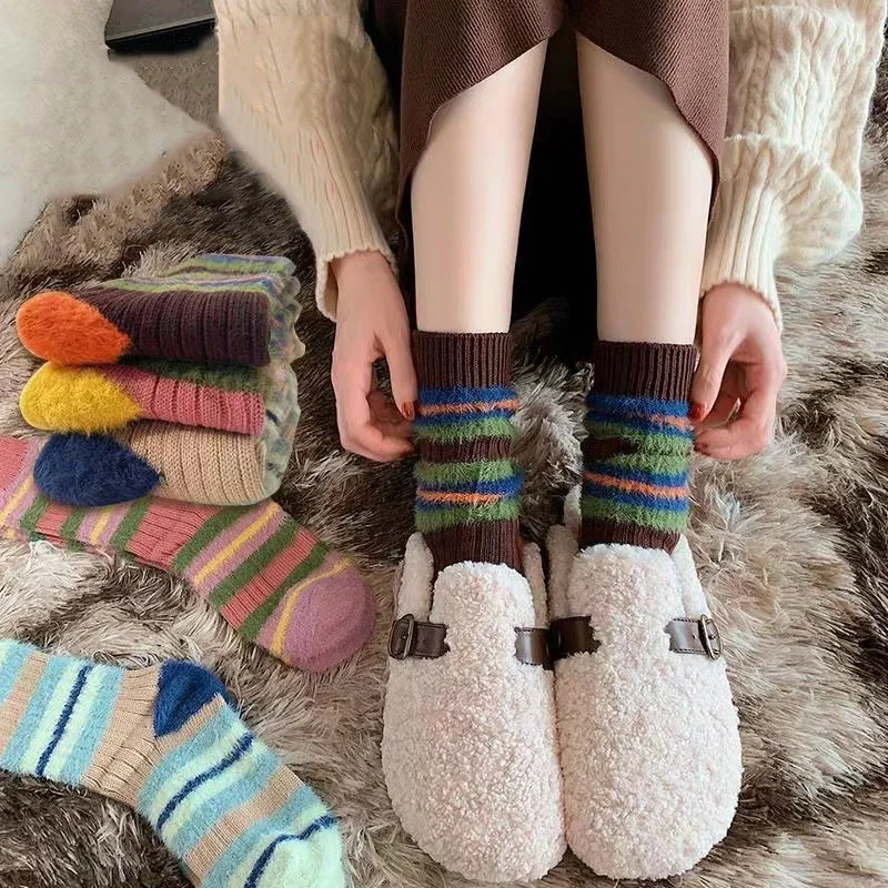 

1/3pairs Striped Mink Velvet Knitted Socks Women Girl Winter Fluffy Warm Retro Sock Mid-tube Thick Thread Needles Long Stocking