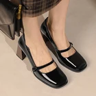 Женские винтажные кожаные туфли EOEODOIT, черные туфли-лодочки на высоком массивном блочном каблуке, с закрытым квадратным носком, Повседневные Туфли Мэри Джейн,