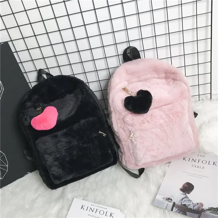 

Mini Fuzzy Backpack With Heart Pendant Cute Zipper Shoulder Bag Casual Zipper Daypack For Women Girl
