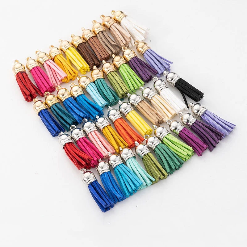 

10pcs 35mm Leather Tassel Pendant Gold Silver Cap Earring Fringe Keychain Charms Tassels DIY Jewelry Making Accessories Finding