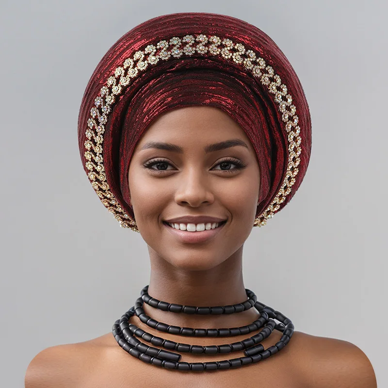 Новейший африканский хиджаб с бриллиантами уже сделано Aso Oke Auto Gele повязка на