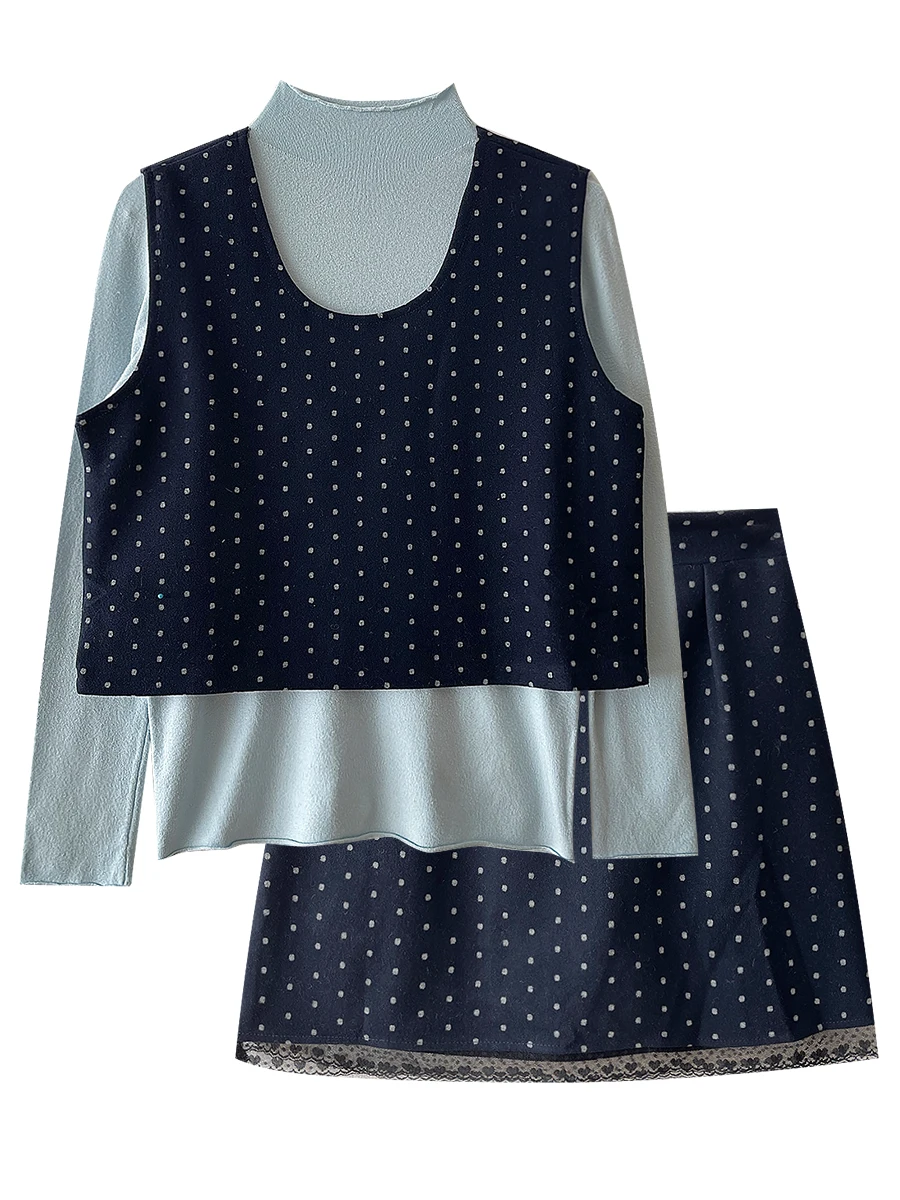 Rena Skin-friendly Comfortable Turtleneck Knitted Base + Sweet Polka Dot Vest Top Lace Stitching Short dress Free Lace-up