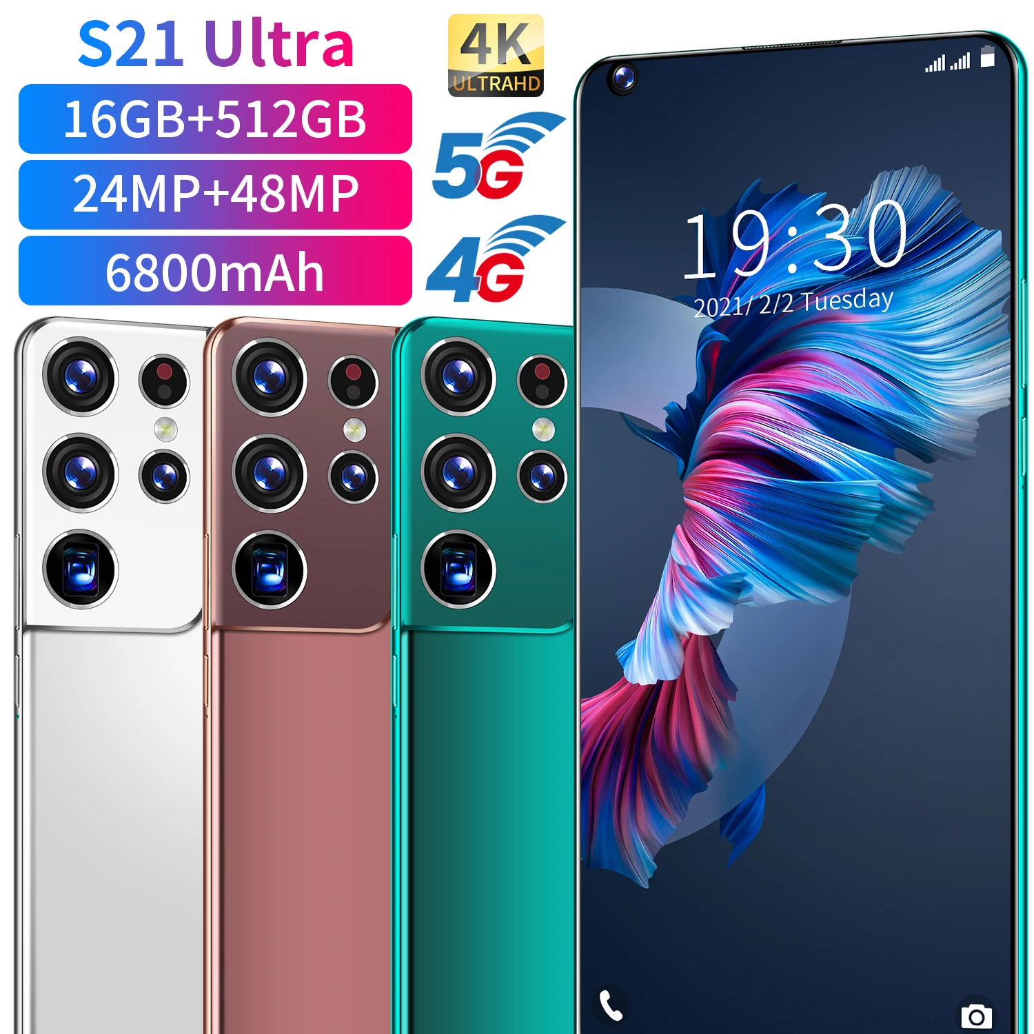 Смартфон Global Version S21 Ultra 5G 7,3 дюйма 12 ГБ + 512 ГБ 6000 мАч разблокировка GPS 24+48 МП HD камера мобильный телефон 10 ядерных сотовых телефонов.