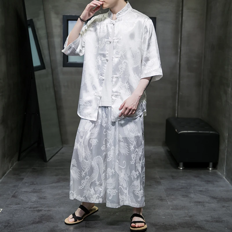 

Chinese Style Thin Ice Silk Dragon Silk Men's Disc Button Shirt Harem Pants Suit Summer Chinese Satin 2 Piece Hanfu Tang Suit