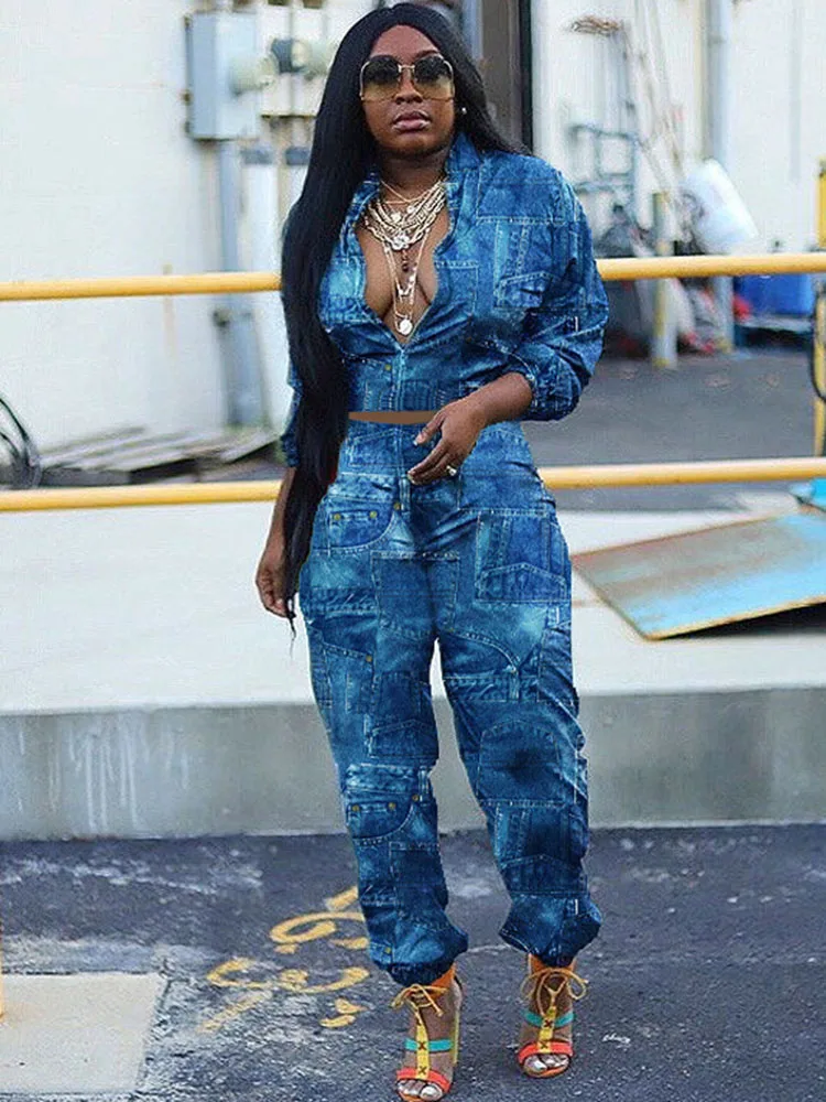 

Blue Black Denim Two Piece Print Set Women Sexy Coats And Pants Long Sleeve High Waist Party Club Wear Outfits Jean Sets