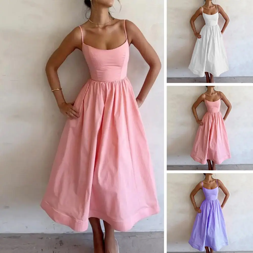 

Women Maxi Dress Fashion Sling Round Neck Solid Nipped Waist Sleeveless Loose Elegant Party Beach Sexy Dresses Streetwear