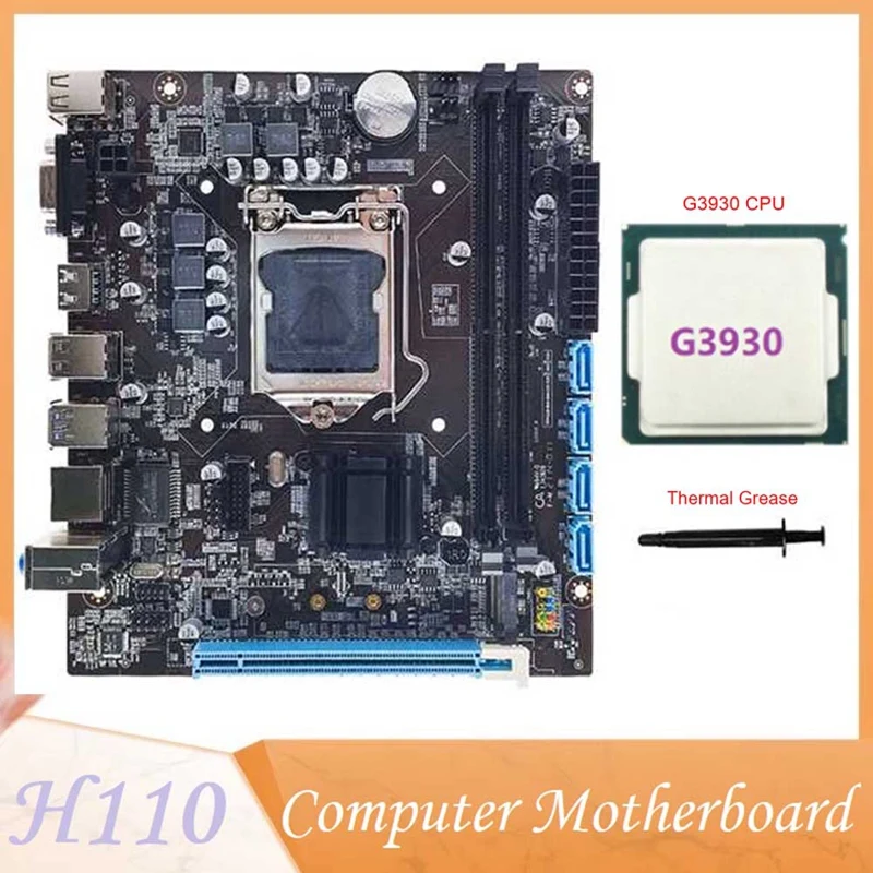 

H110 Desktop Computer Motherboard Black Supports LGA1151 6/7 Generation CPU Dual-Channel DDR4 Memory+G3930 CPU+Thermal Grease