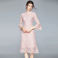 elegant lace dress 2022 summer pink blue stand collar flare sleeve sexy midi dress casual three quarter birthday dress for women