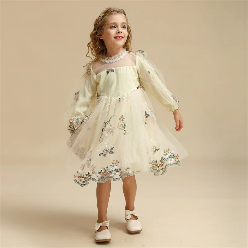 

Kds Girls Fall Winter Princess Dress Embroidery Flower Tulle Fairy Dress Children Clothing Full Sleeve Birthday Dress Kid Cloth