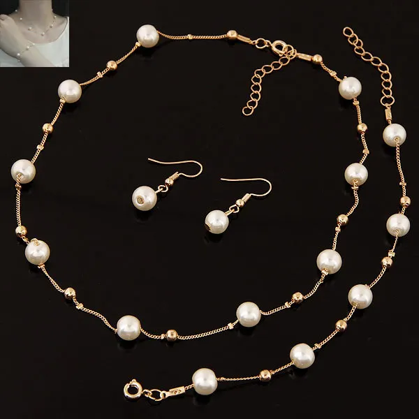 

New Simple Women's Metal Chain Pearl Necklace Bracelet Earring Jewelry Set